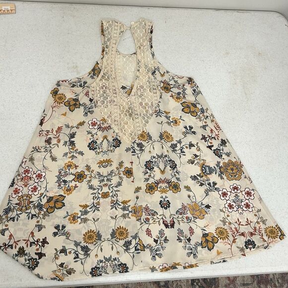 Band Crush Tank Top Womens Small Tan Floral Crochet Boho Sleeveless Cottage - Picture 2 of 9